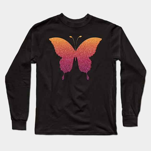 Red Orange Ombre Faux Glitter Butterfly Long Sleeve T-Shirt by Felicity-K